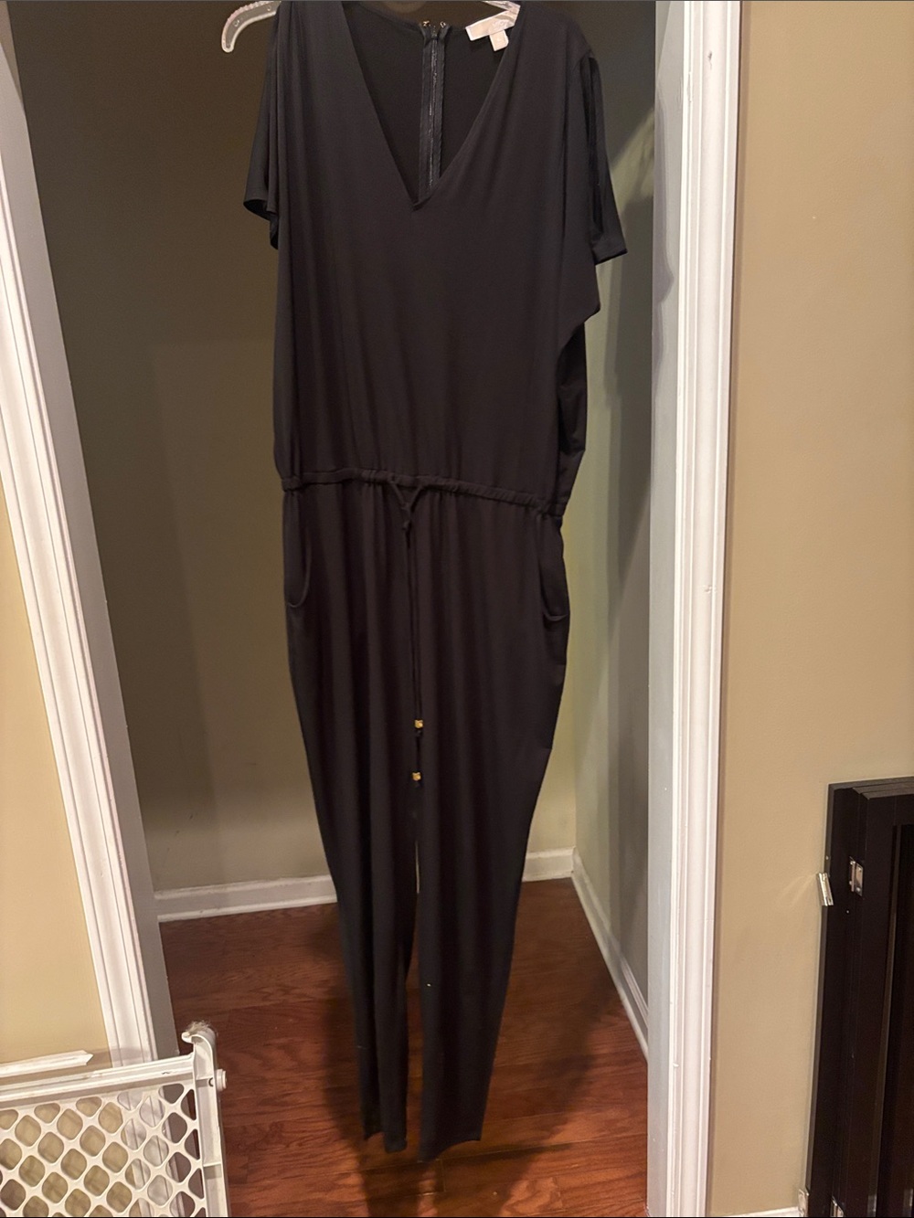 Michael Kors Black V-Neck Short-Sleeve Drawstring Jumpsuit with Front Buttons